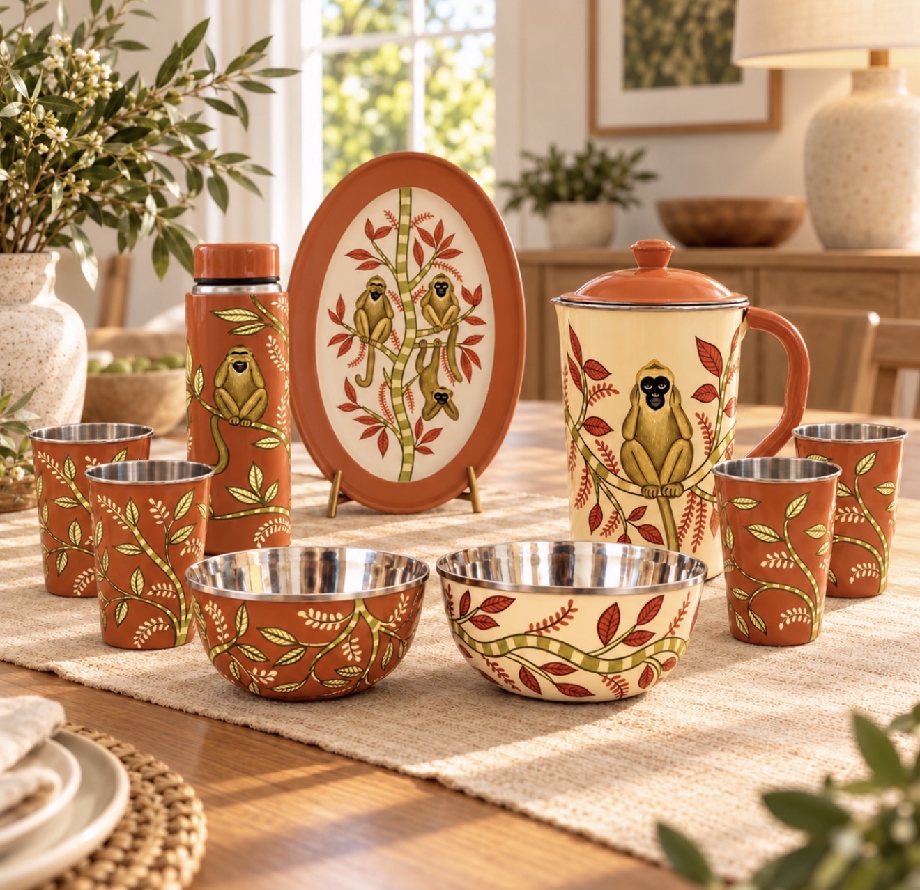Monkey Grove hand-painted steel tray, water bottle, jug, four glasses and two bowls styled together on a dining table