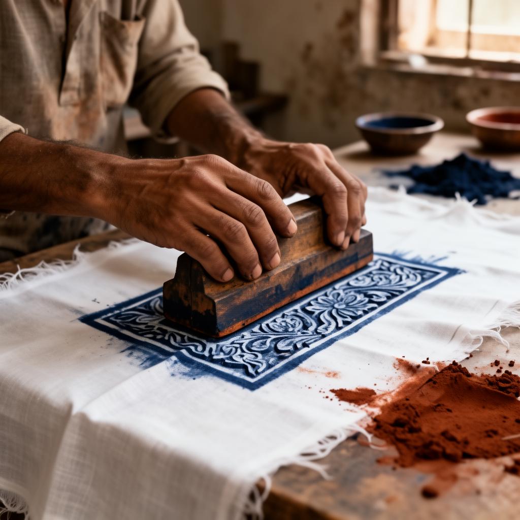 Artisan's hands hand-painting traditional Indian motifs on fabric