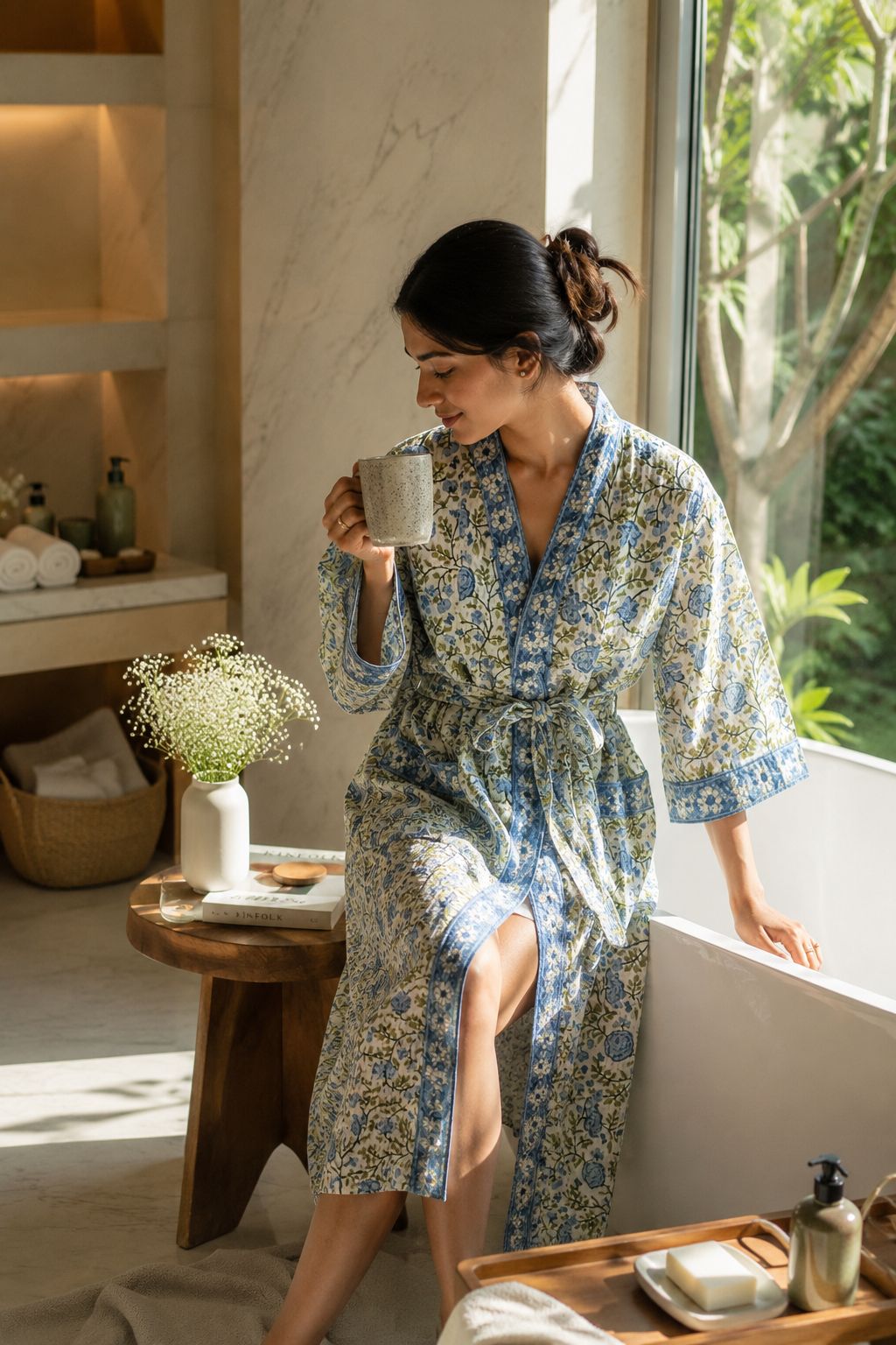 A handcrafted Varnya bathrobe draped over a carved wooden chair in warm light