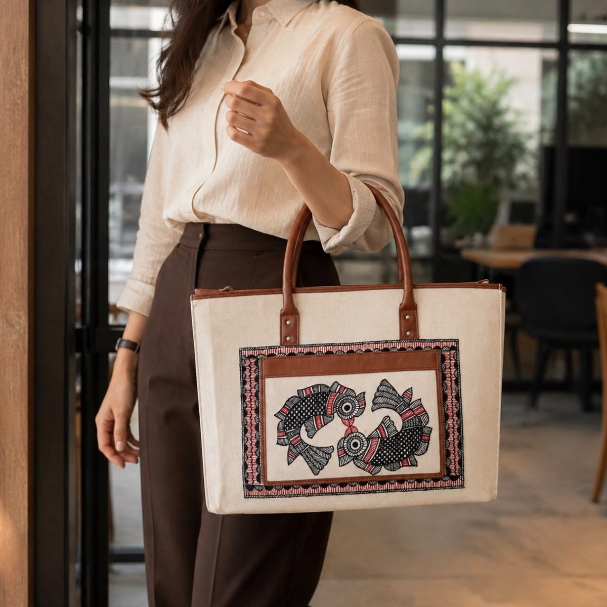 Woman carrying the Varnya hand-painted Madhubani fish canvas laptop tote in ivory with tan leather handles