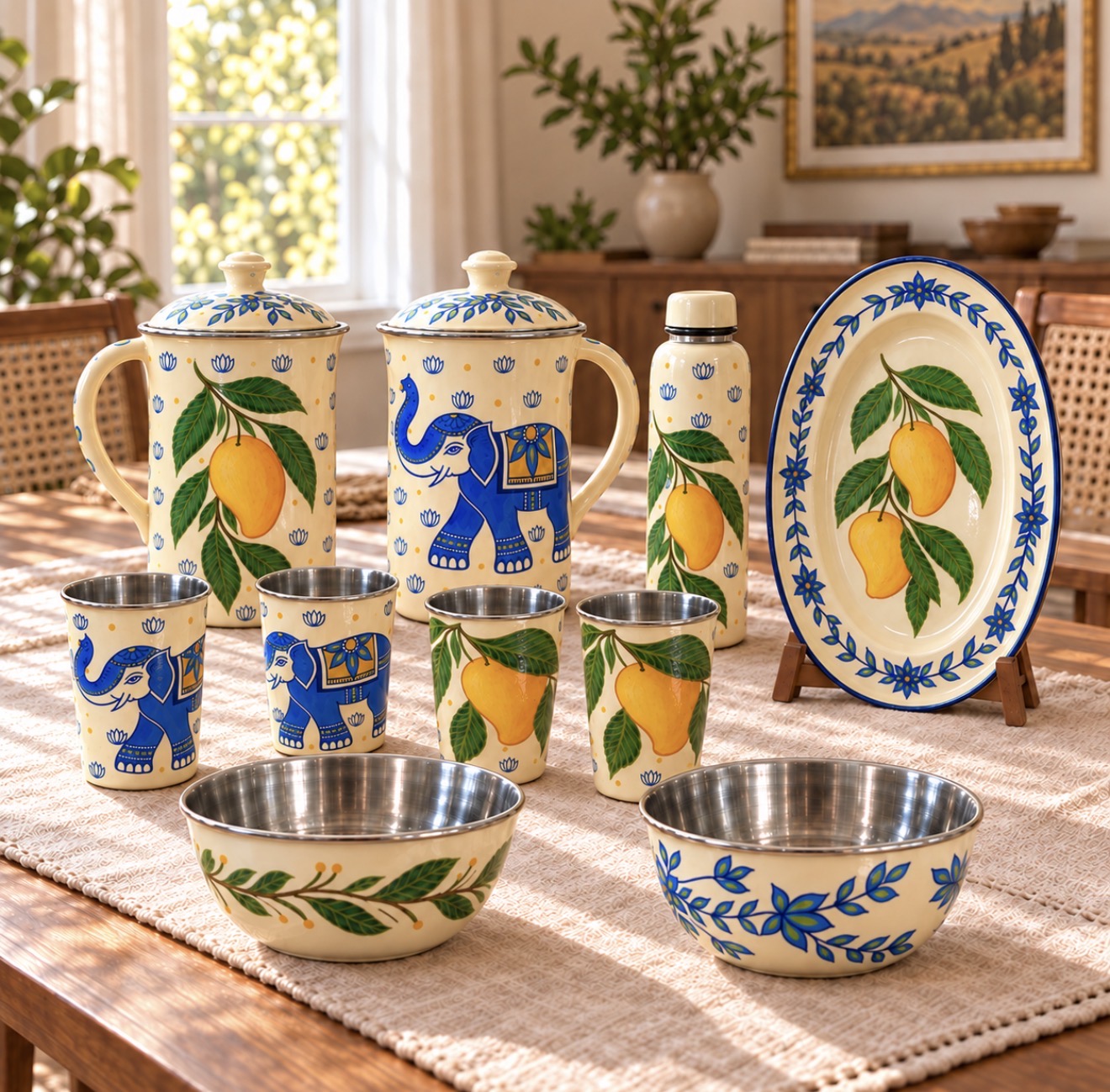 Mango & Elephant hand-painted steel oval tray, water bottle, jug shown from both sides, four glasses and two bowls styled on a dining table