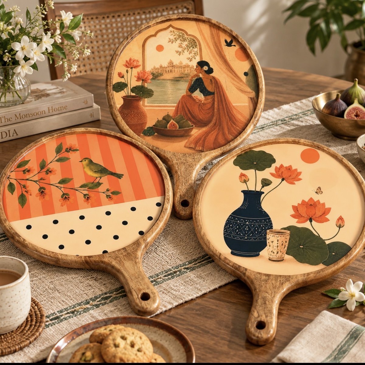 Three Varnya mango wood serving platters with handles on a dining table, showing Naari by the Lake, Bird & Bloom and Lotus & Blue Vase artwork